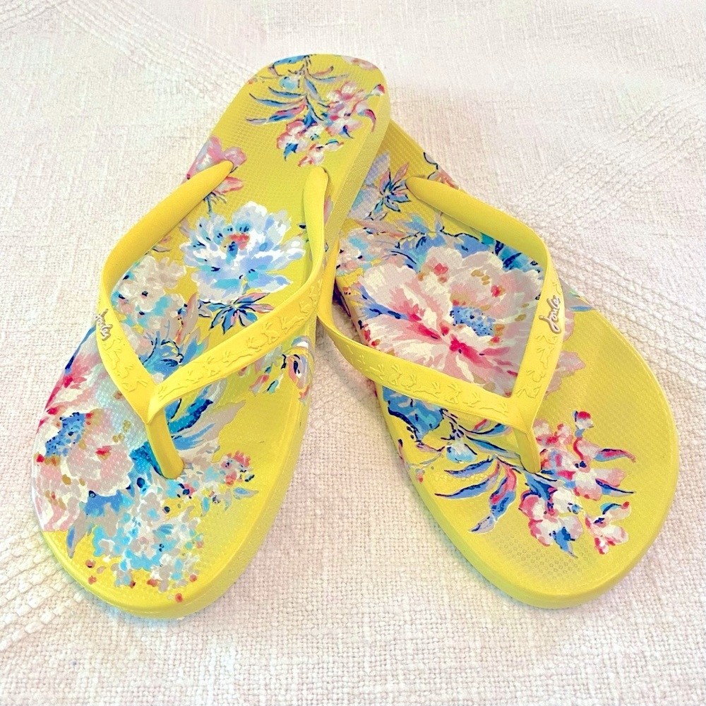 Joules Flip Flops in Yellow Floral Size US8 EU39 UK6